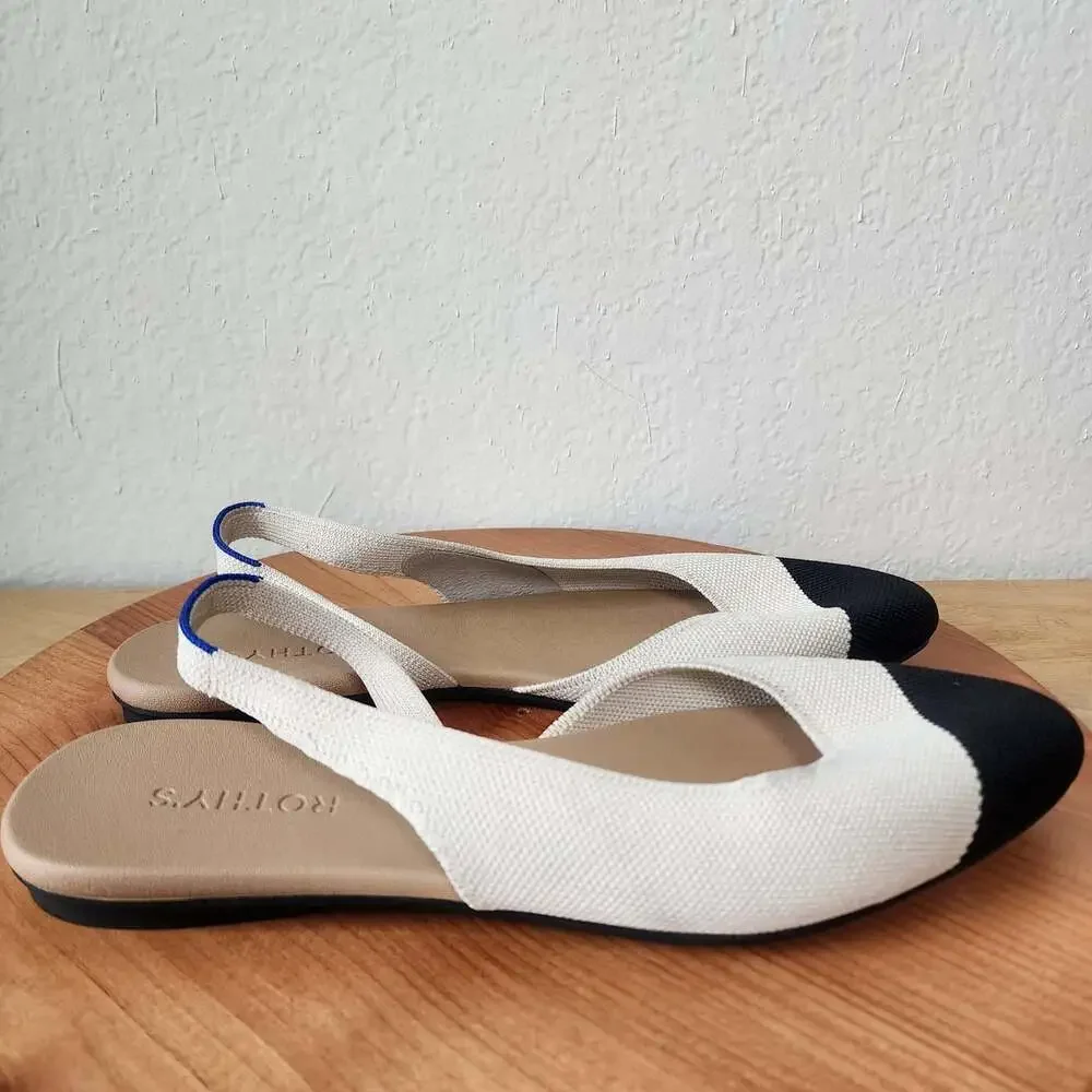 Rothy's Shoes Womens Size 11 Beige Black Knit Slingback Pointed Cap Toe Flats